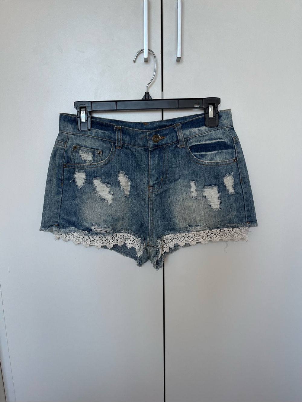 Denim Lace-Trim Distressed Women's Shorts - Blue